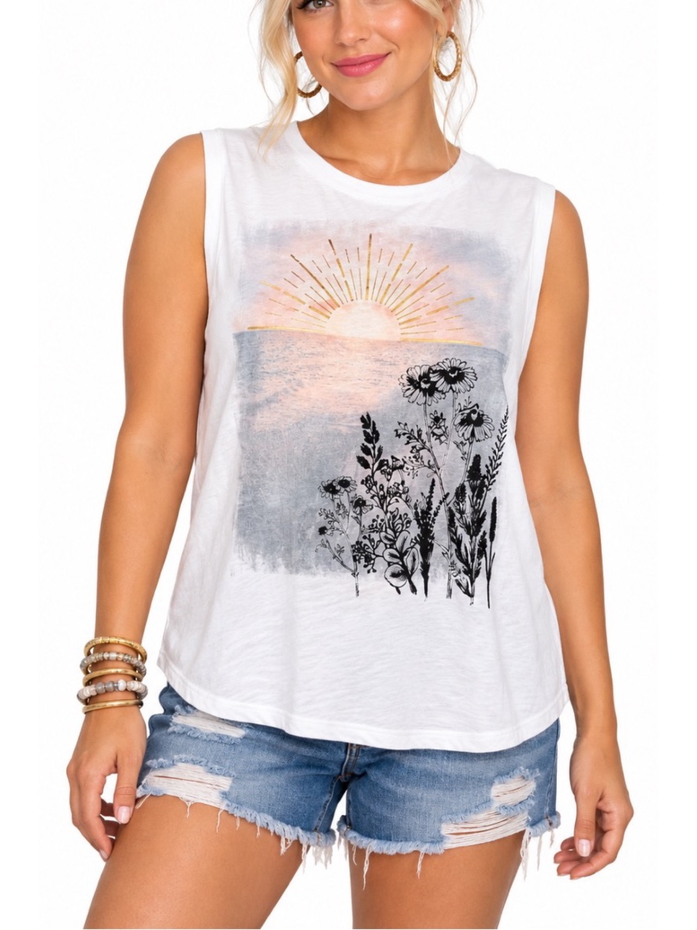 Maurices Scenic Sunrise Floral Graphic Tank, size Large